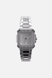Front view of the silver-tone square watch with gray dial