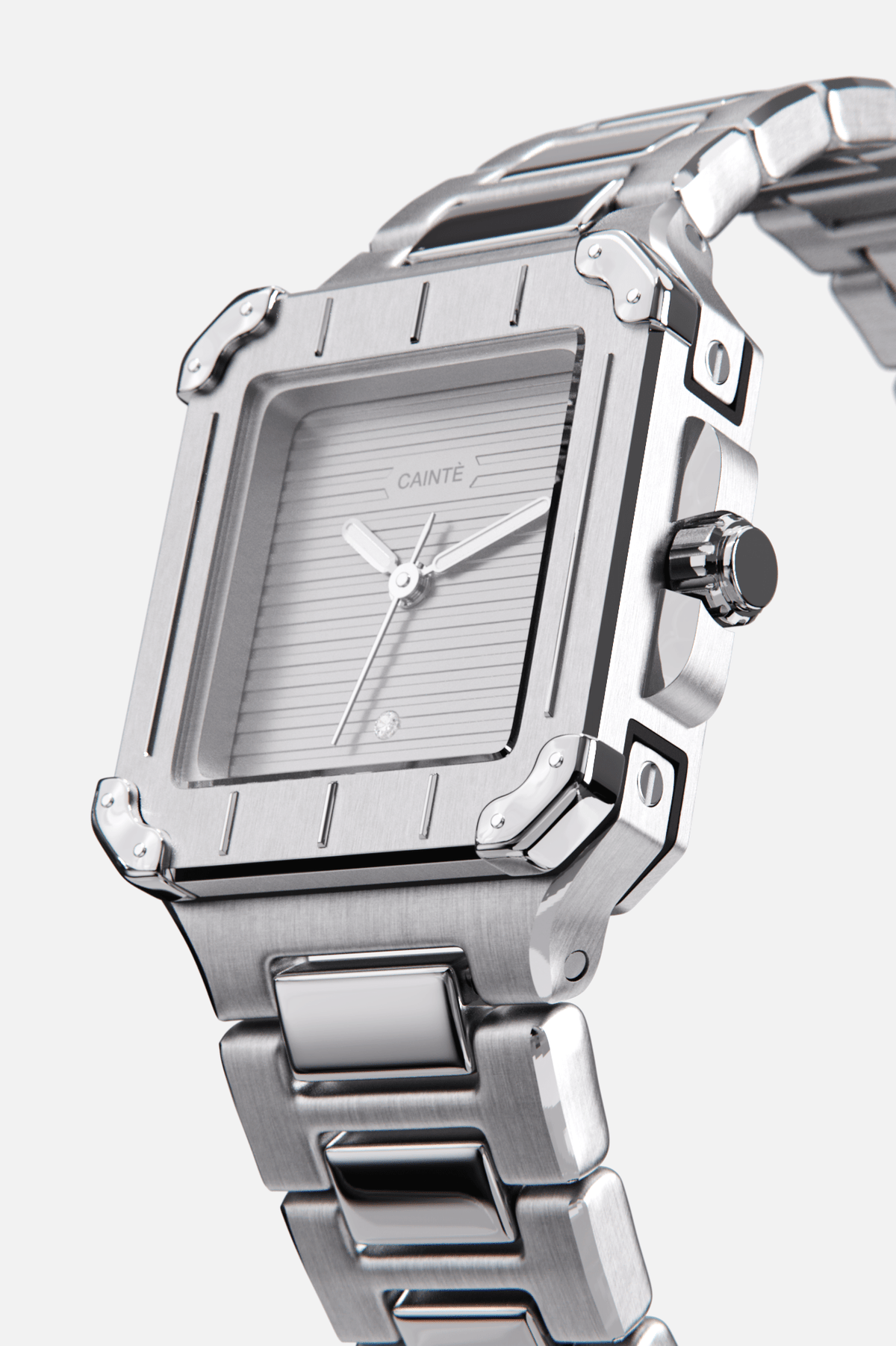 Angled view of the square case with screw details at the corners and gray dial