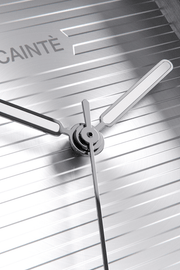Close-up of the silver horizontally ridged dial and hands