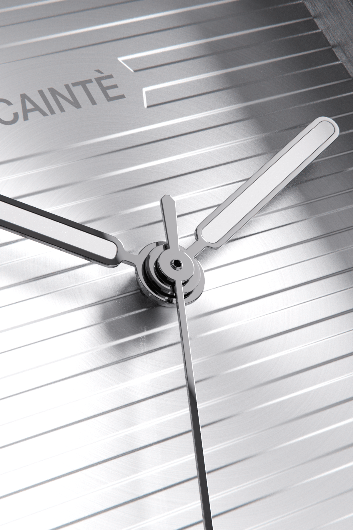 Close-up of the silver horizontally ridged dial and hands