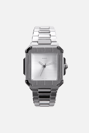 Front view of the square watch with silver dial on its integrated bracelet