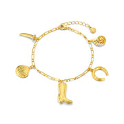 Gold-tone charm bracelet with boot, horseshoe and shell charms