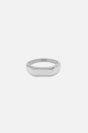 Slim bar-top signet ring in polished silver tone, front view
