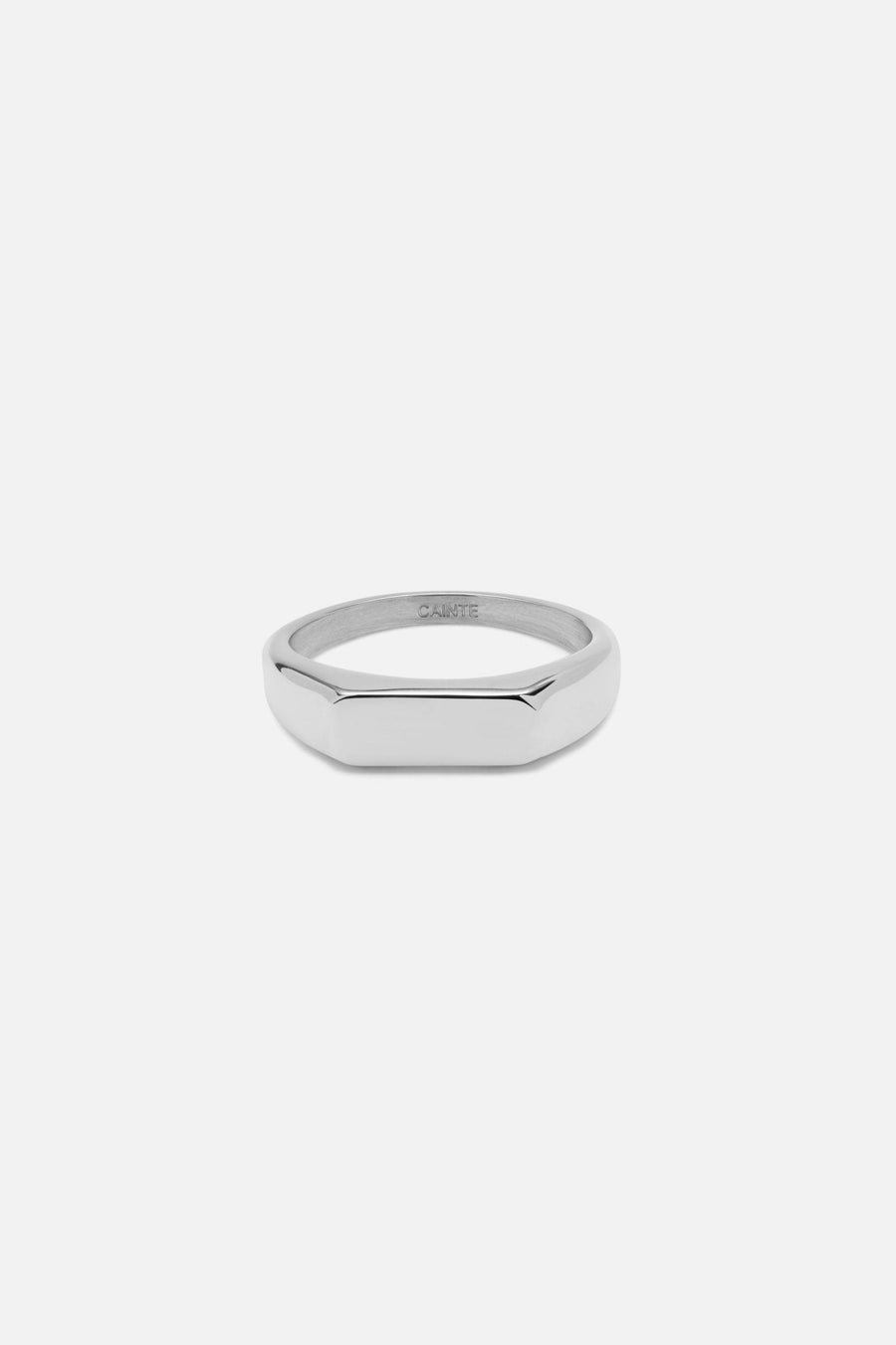 Slim bar-top signet ring in polished silver tone, front view