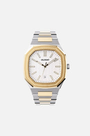 Front view of the octagonal watch with white textured dial on its integrated bracelet