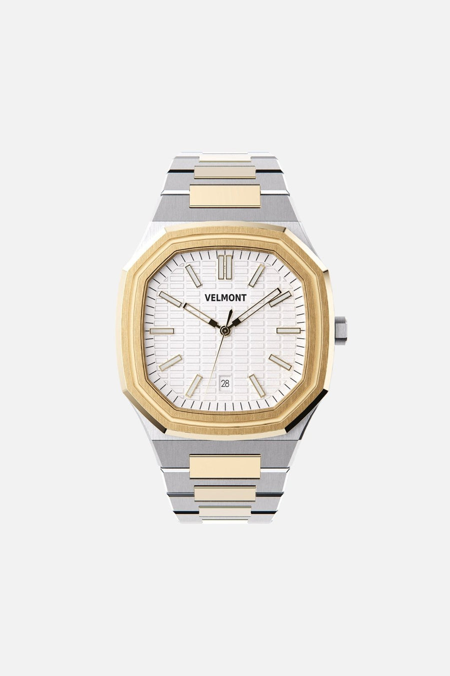 Front view of the octagonal watch with white textured dial on its integrated bracelet