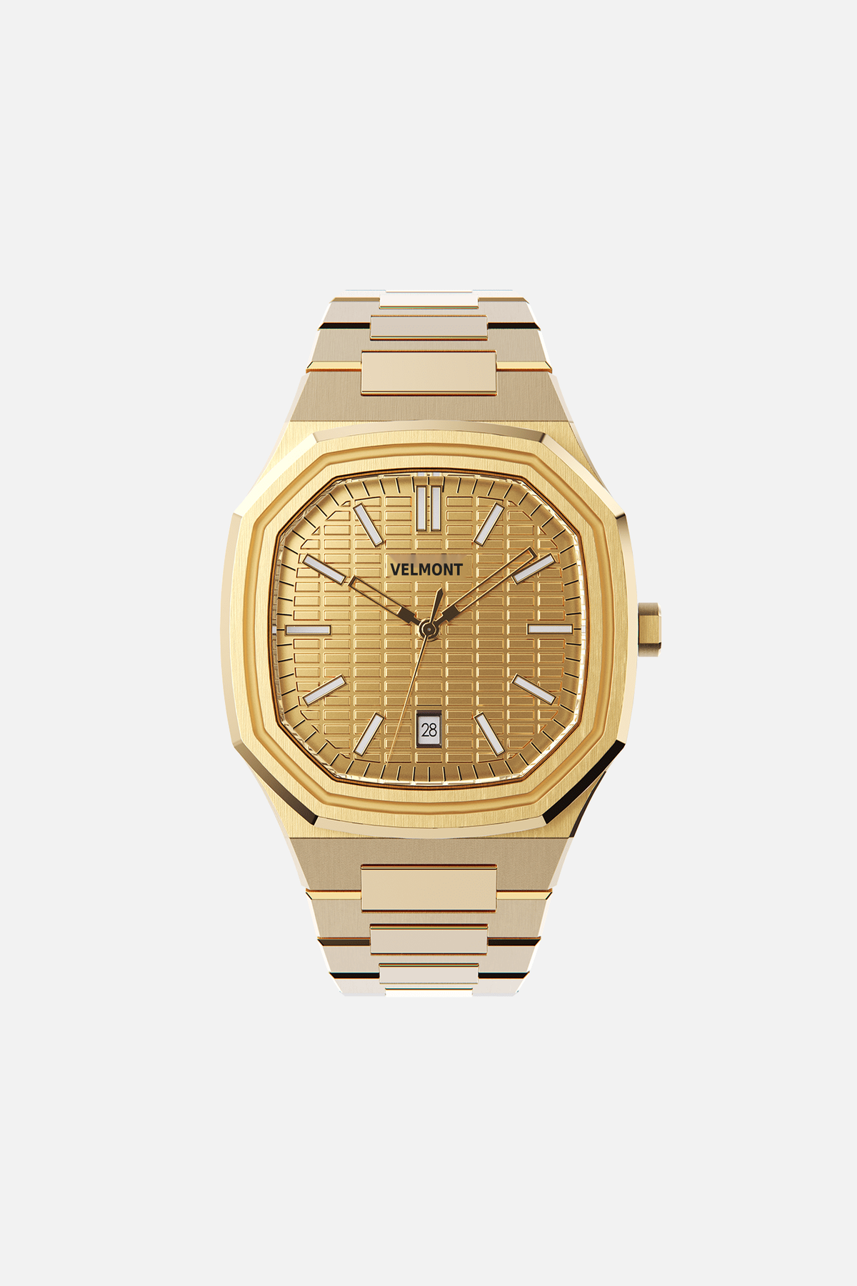 Front view of the octagonal watch with gold-tone textured dial on its integrated bracelet