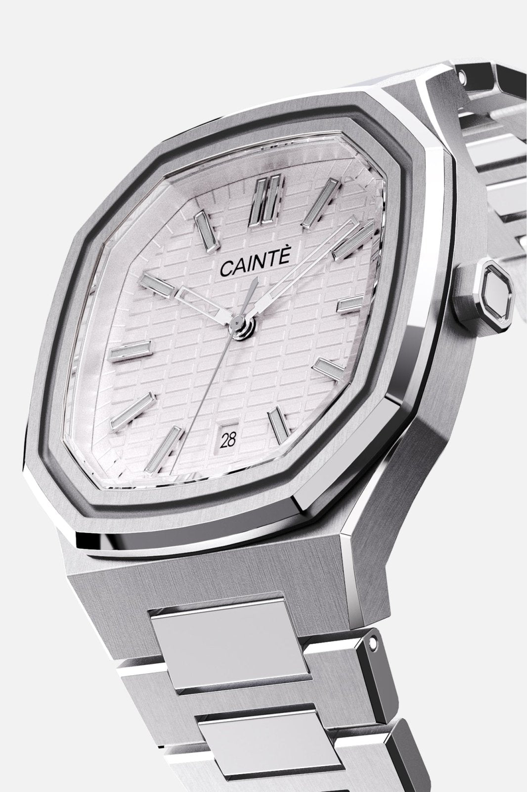 Three-quarter view of the octagonal case and white textured dial