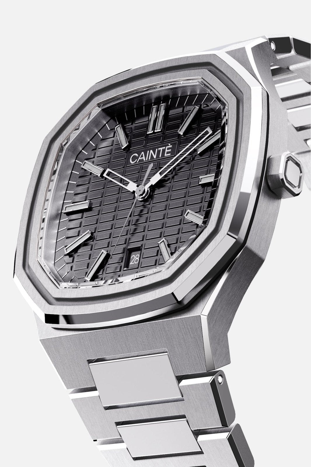 Three-quarter view of the octagonal case and black textured dial