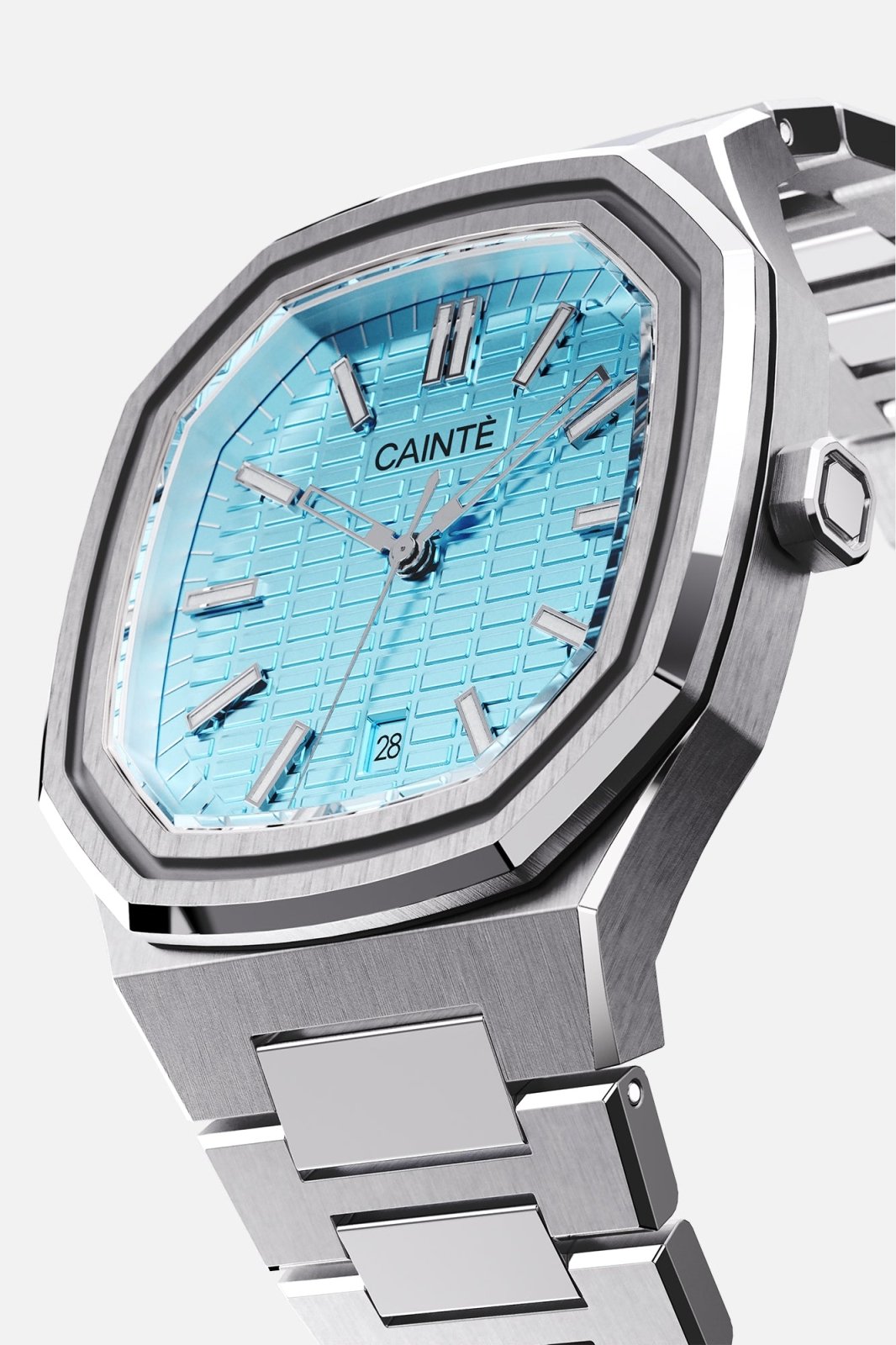 Three-quarter view of the octagonal case and turquoise textured dial