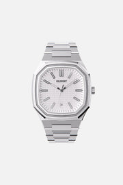 Front view of the octagonal watch with white textured dial on its integrated bracelet