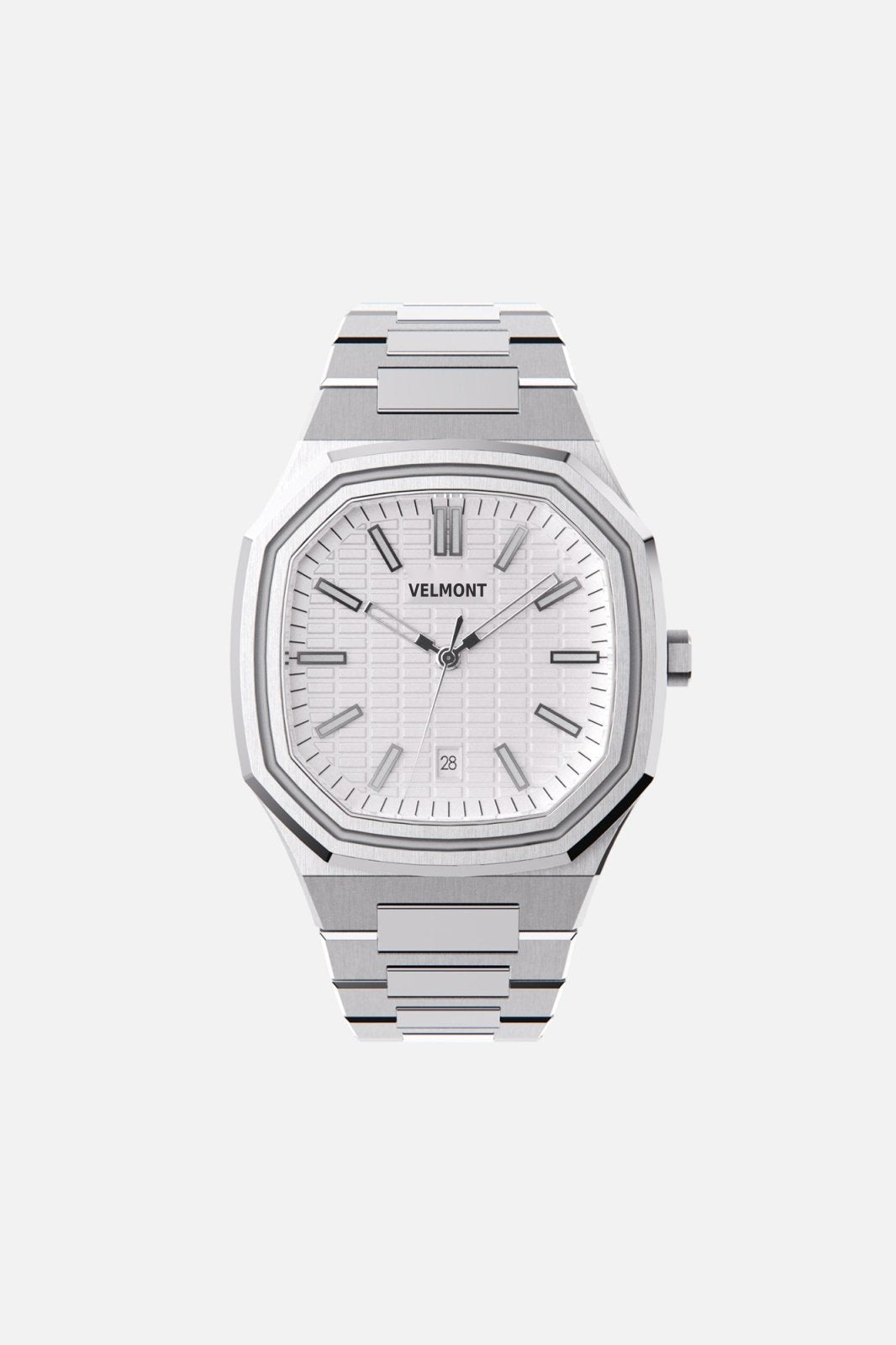 Front view of the octagonal watch with white textured dial on its integrated bracelet