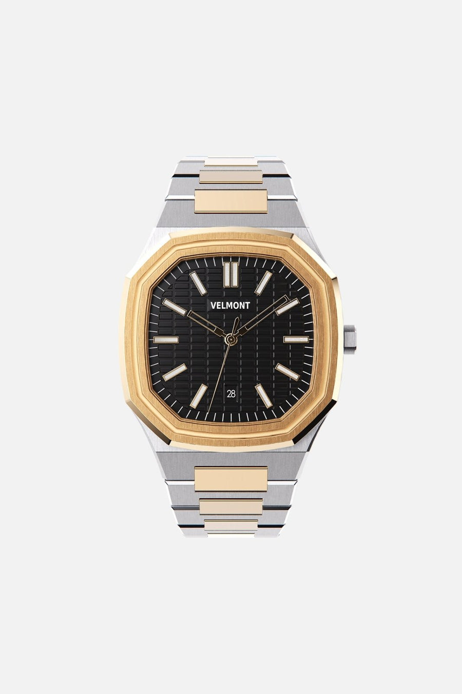 Front view of the octagonal watch with black textured dial on its integrated bracelet