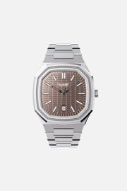 Front view of the octagonal watch with mocha textured dial on its integrated bracelet