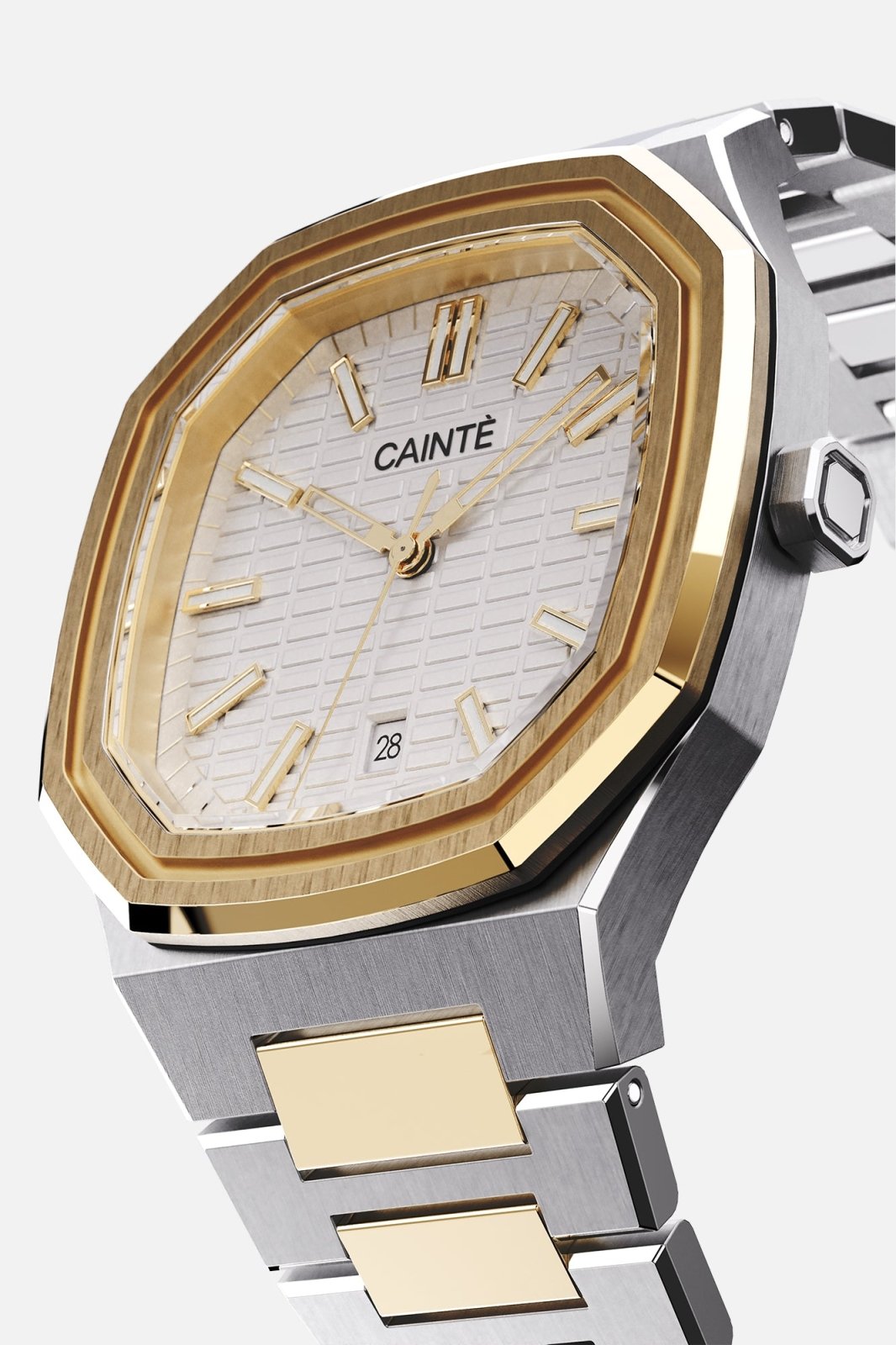Three-quarter view of the octagonal case and white textured dial