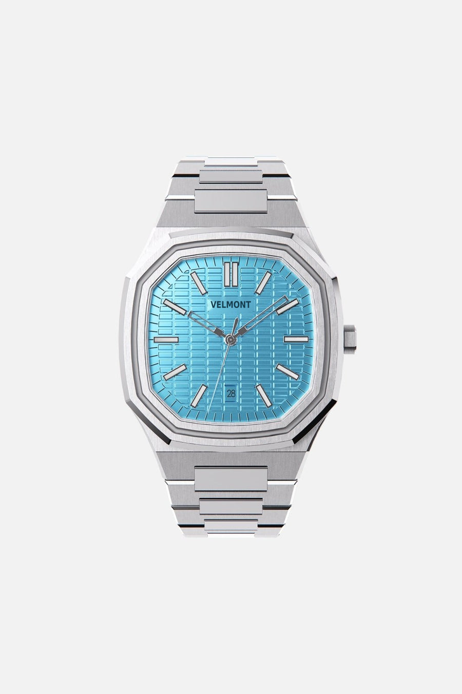 Front view of the octagonal watch with turquoise textured dial on its integrated bracelet