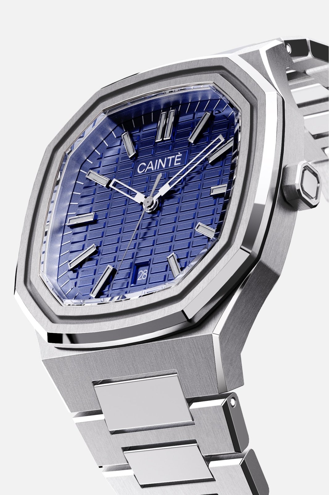 Three-quarter view of the octagonal case and blue textured dial