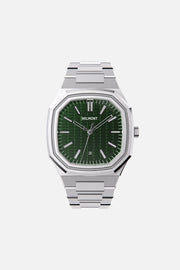 Front view of the octagonal watch with olive green textured dial on its integrated bracelet