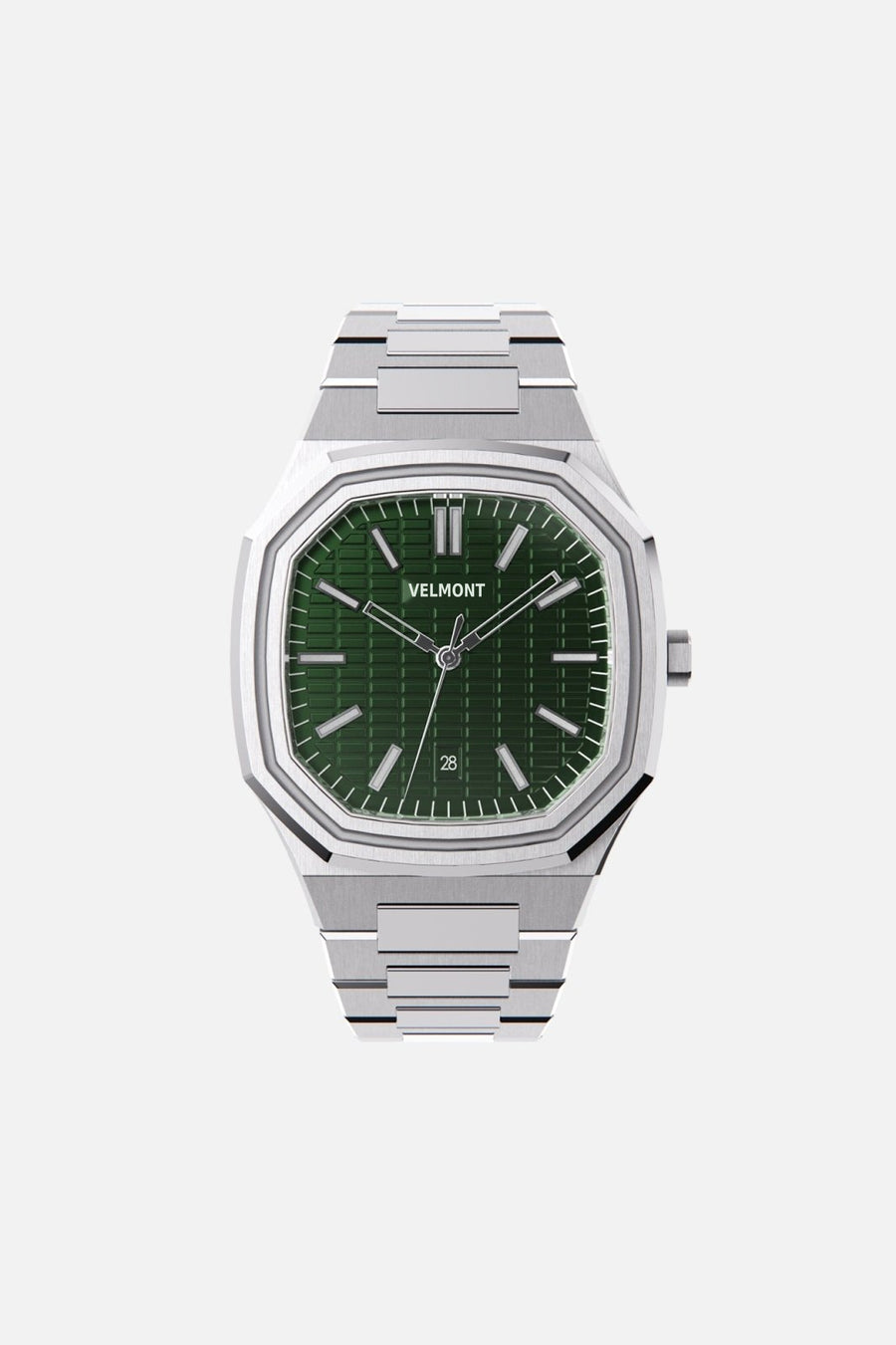 Front view of the octagonal watch with olive green textured dial on its integrated bracelet