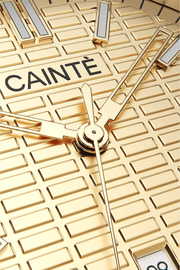 Macro view of the gold-tone textured dial and polished hands