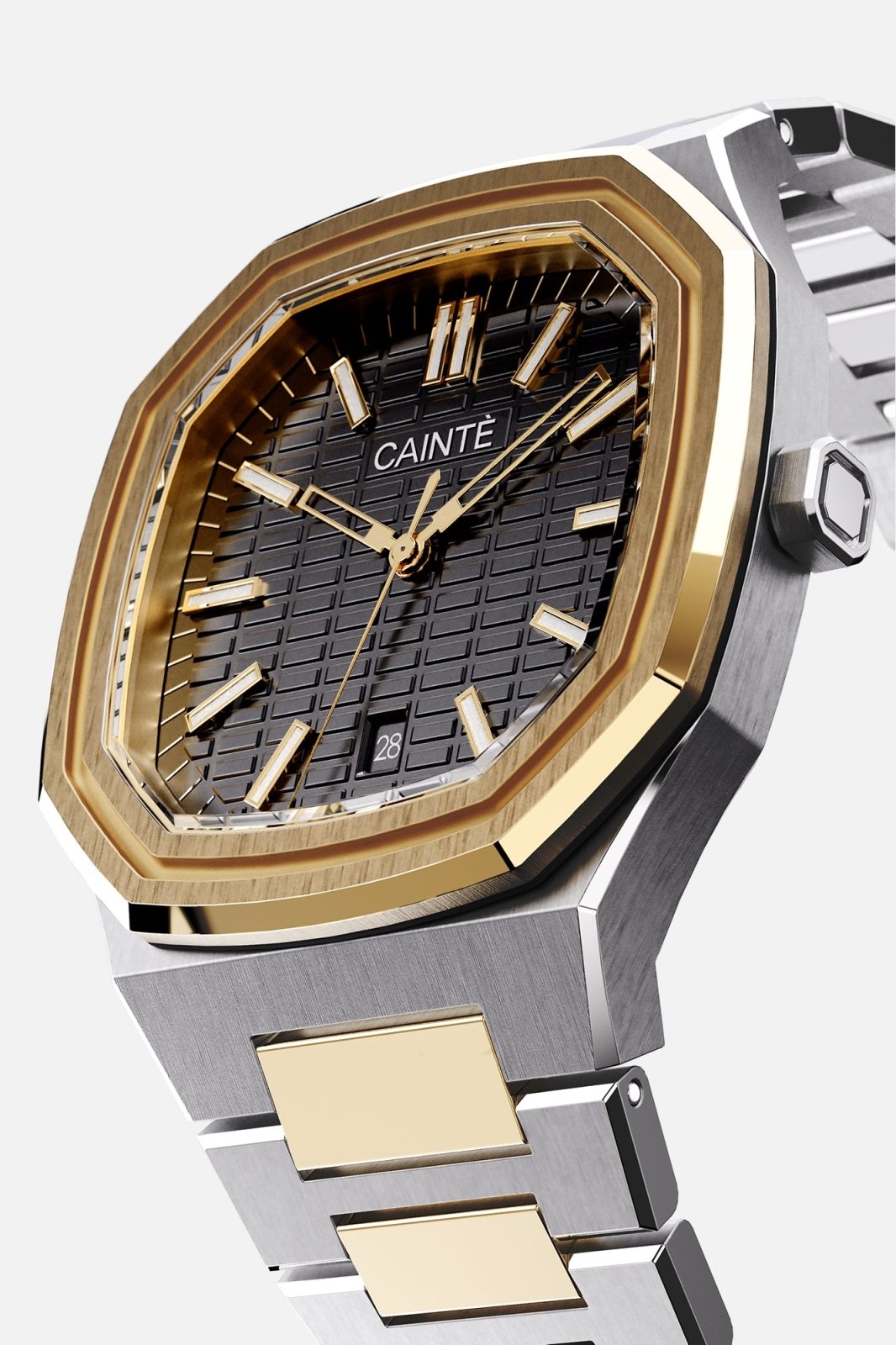 Three-quarter view of the octagonal case and black textured dial