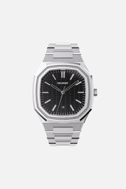 Front view of the octagonal watch with black textured dial on its integrated bracelet