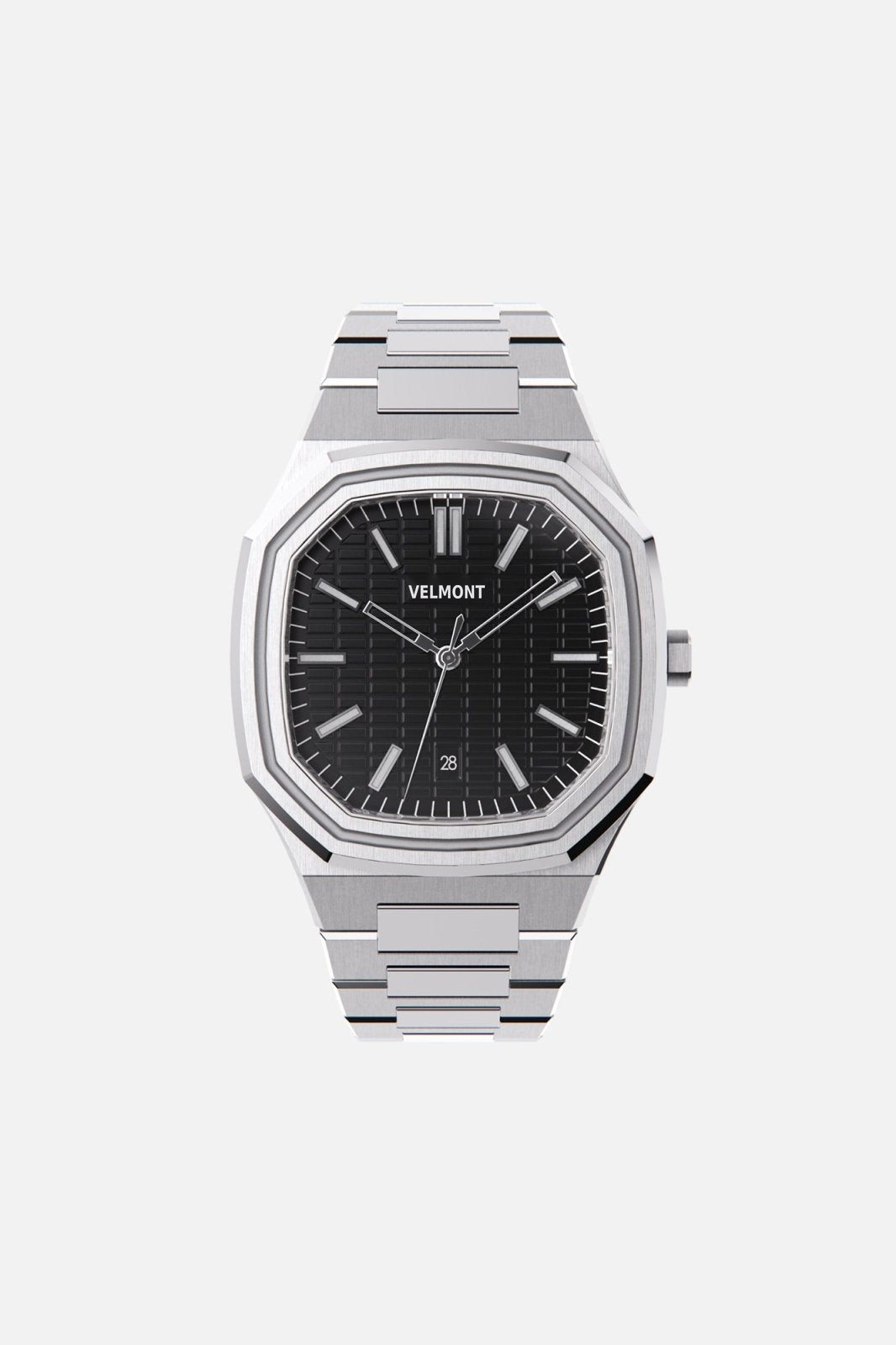 Front view of the octagonal watch with black textured dial on its integrated bracelet
