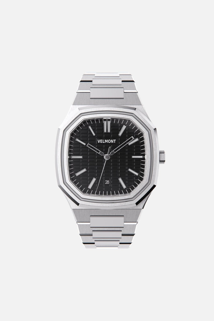 Front view of the octagonal watch with black textured dial on its integrated bracelet