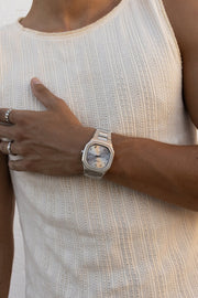Hand on the chest with the watch on the wrist