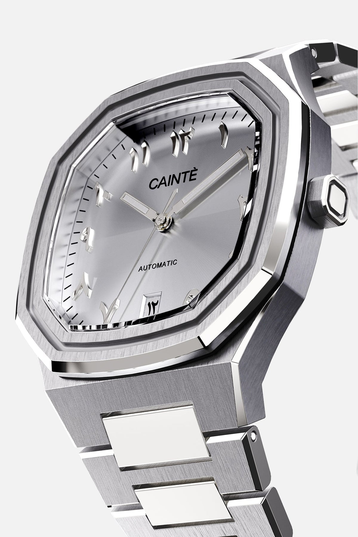 Three-quarter view of the octagonal case and silver Arabic numeral dial