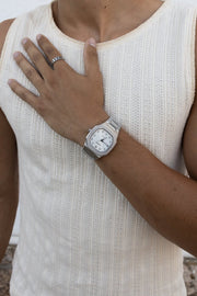Hand on the chest with the watch on the wrist