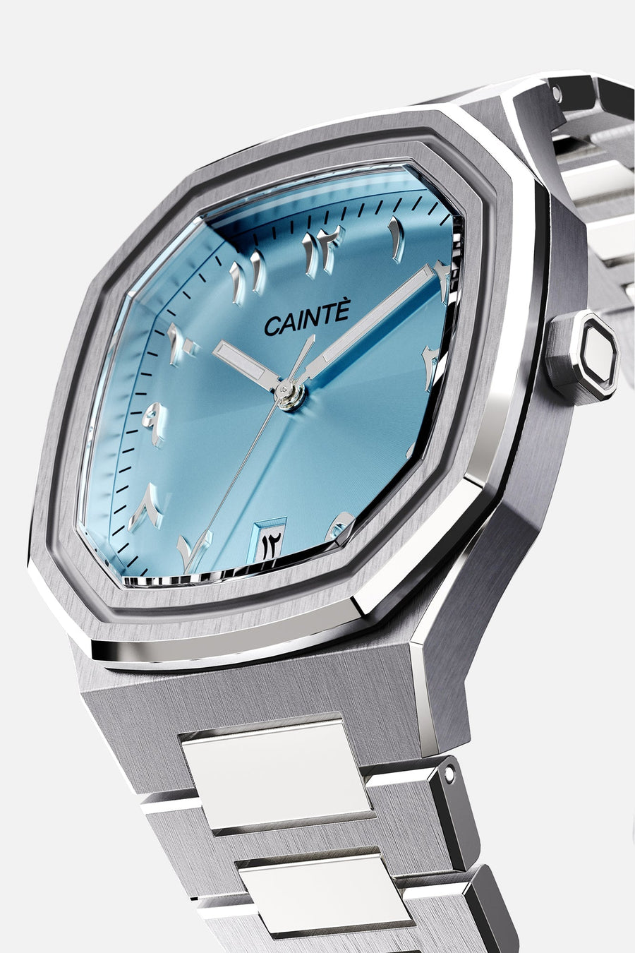 Three-quarter view of the octagonal case and turquoise Arabic numeral dial
