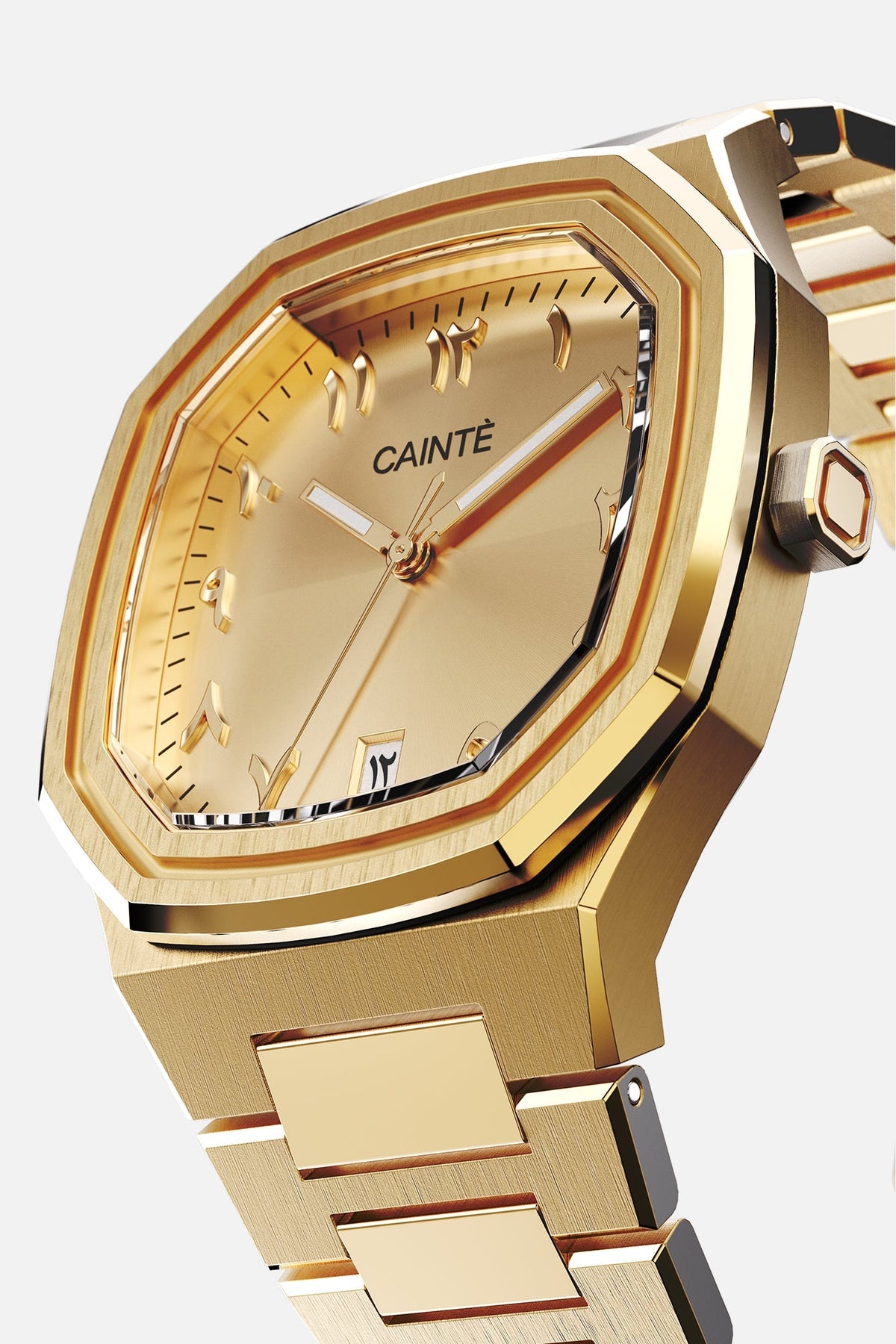 Three-quarter view of the octagonal case and gold-tone Arabic numeral dial