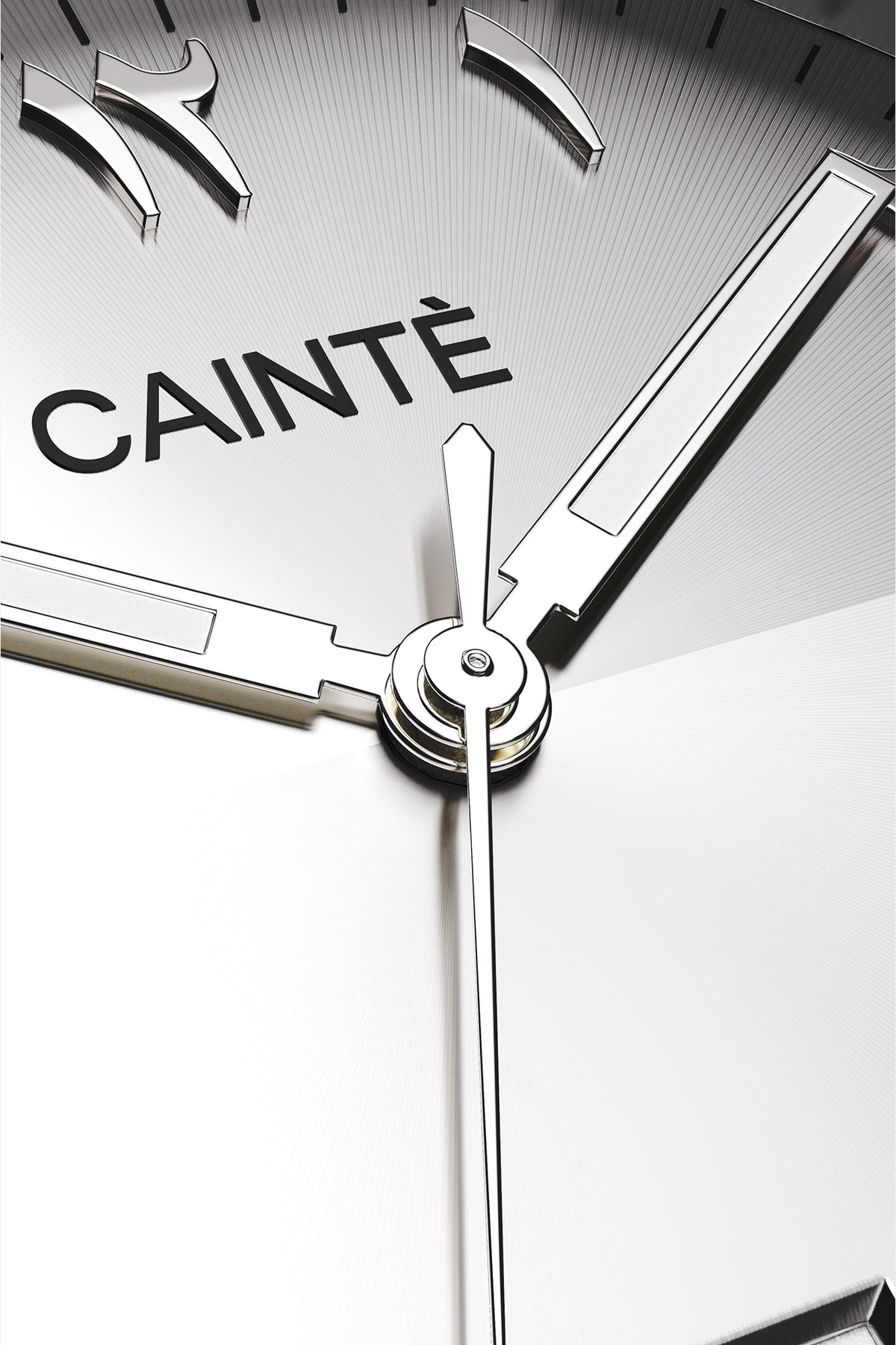 Macro view of the silver Arabic numeral dial and polished hands