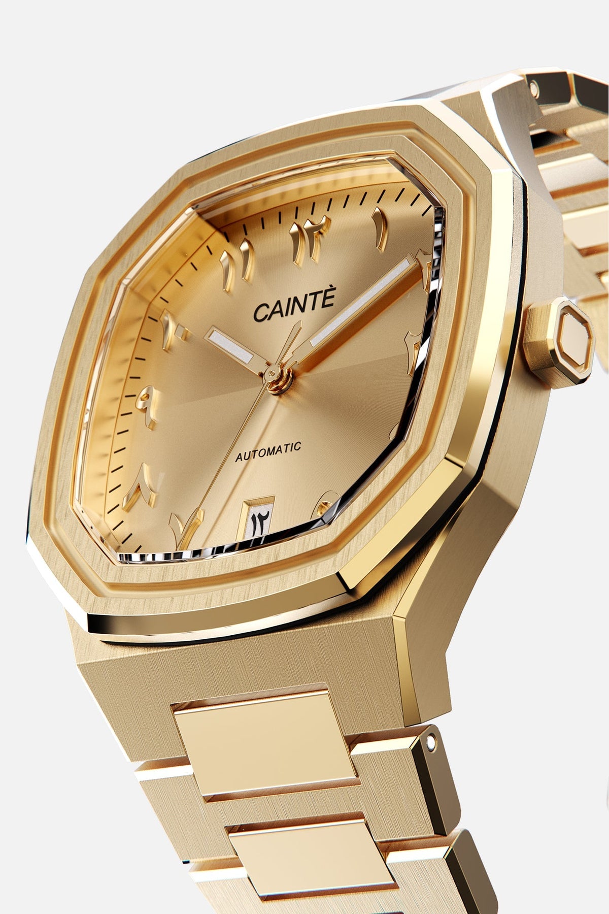 Three-quarter view of the octagonal case and gold-tone Arabic numeral dial