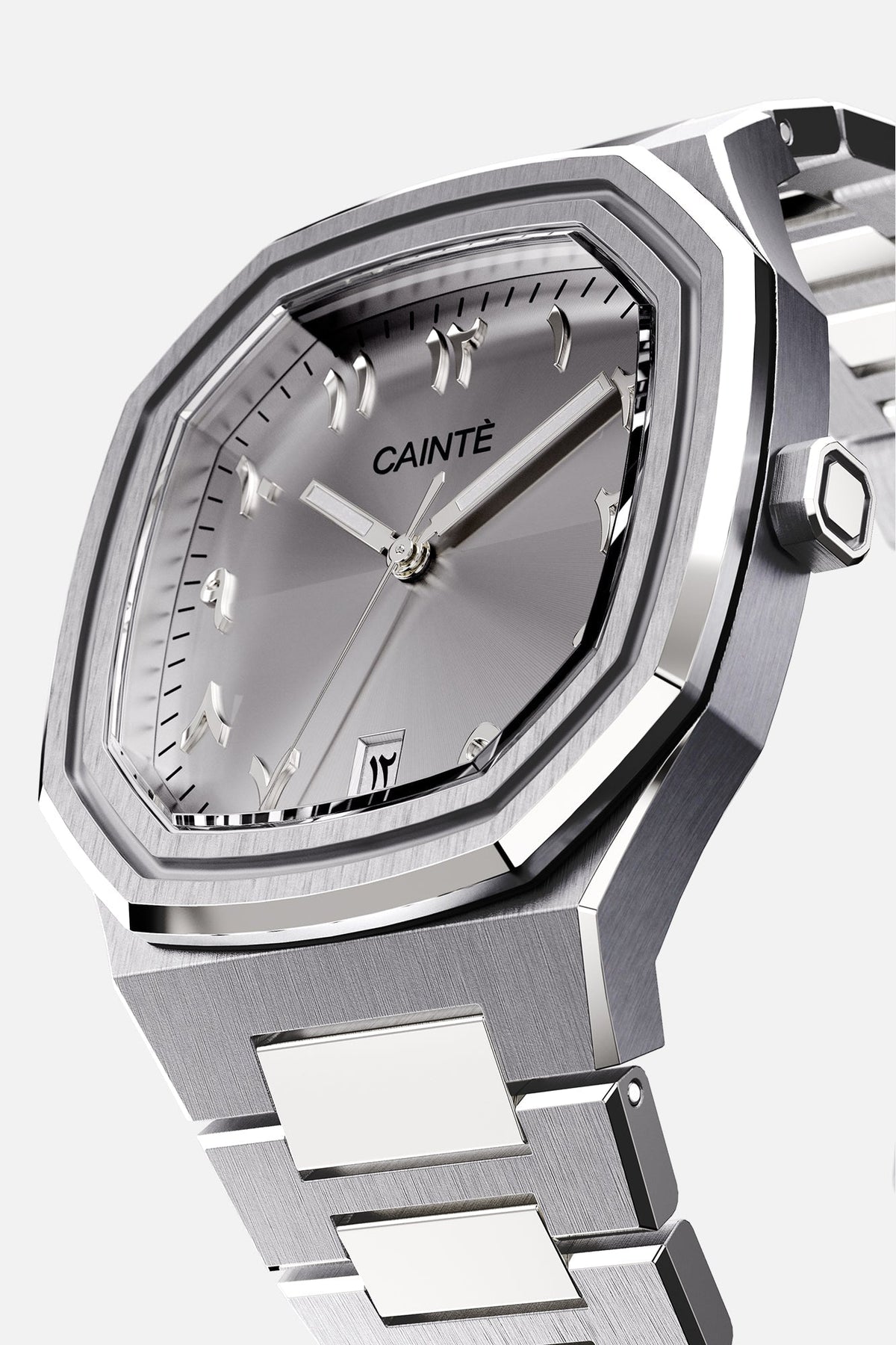 Three-quarter view of the octagonal case and silver Arabic numeral dial