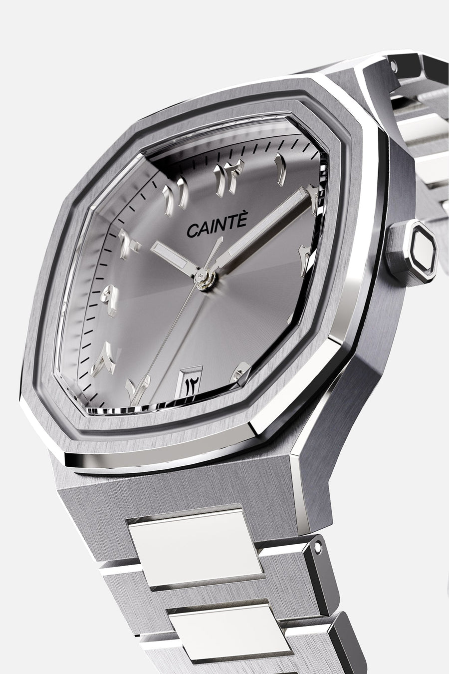 Three-quarter view of the octagonal case and silver Arabic numeral dial
