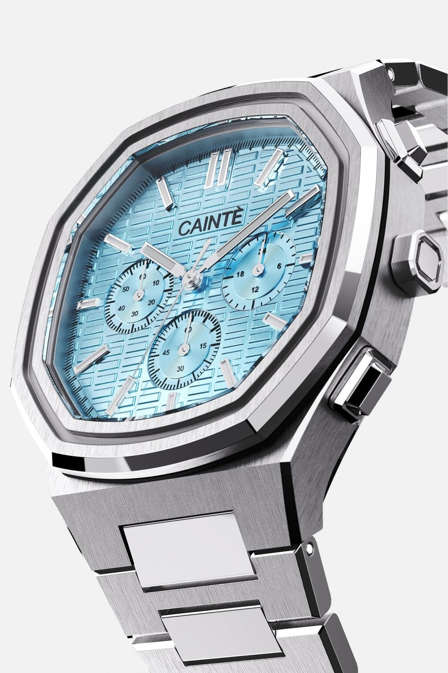 Three-quarter view of the octagonal case and turquoise chronograph dial
