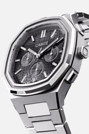 Three-quarter view of the octagonal case and black chronograph dial