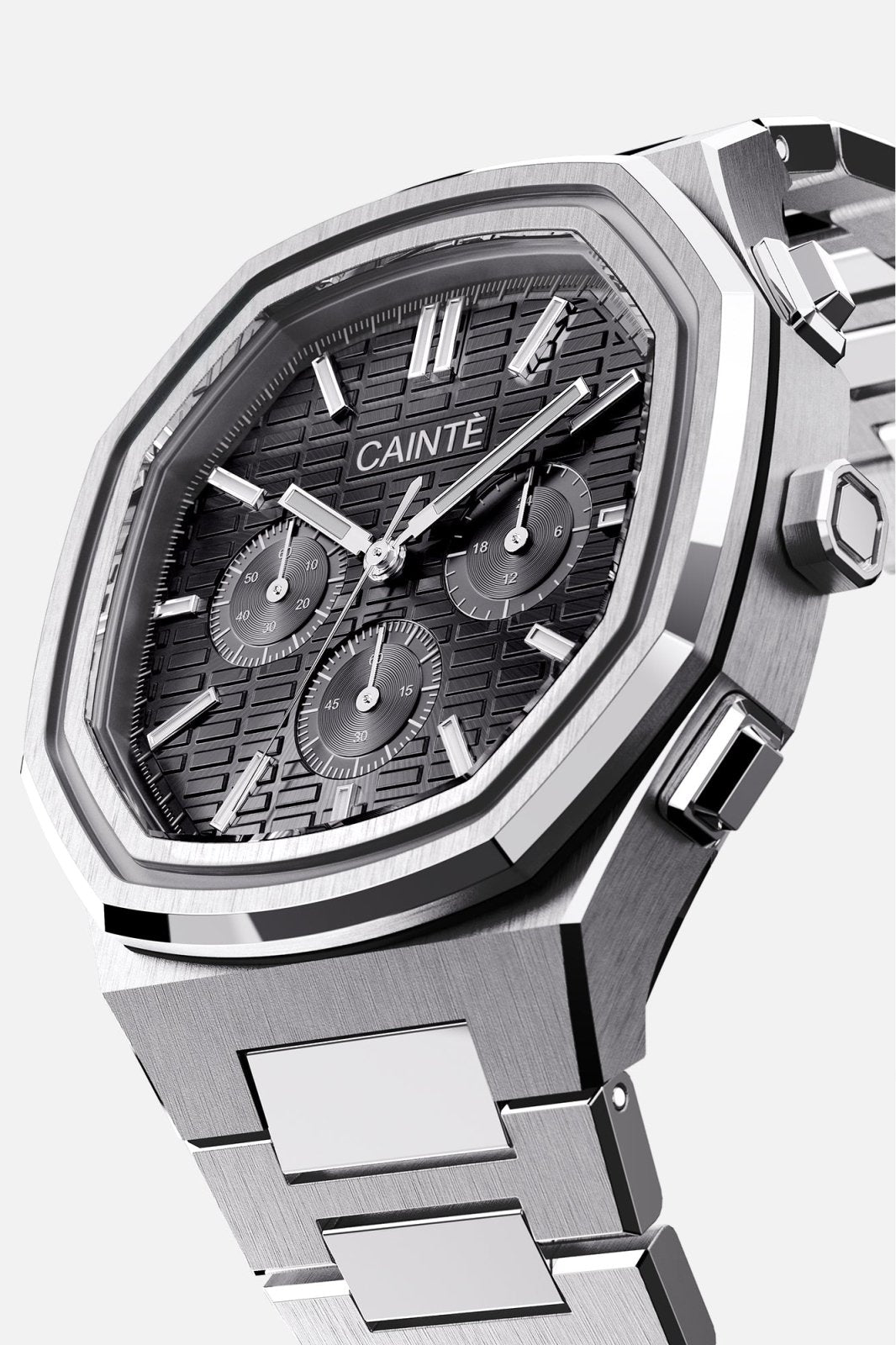 Three-quarter view of the octagonal case and black chronograph dial