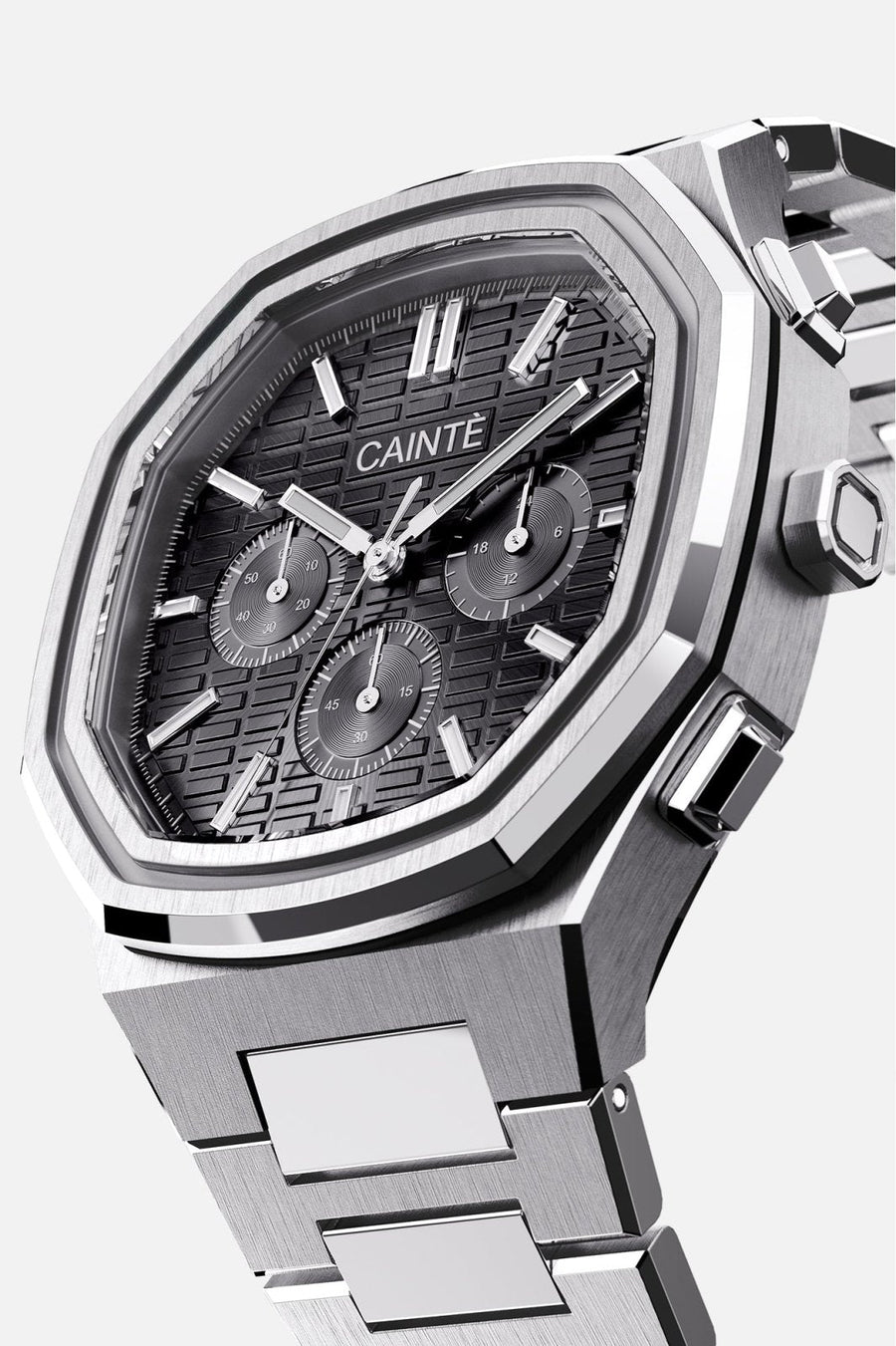 Three-quarter view of the octagonal case and black chronograph dial