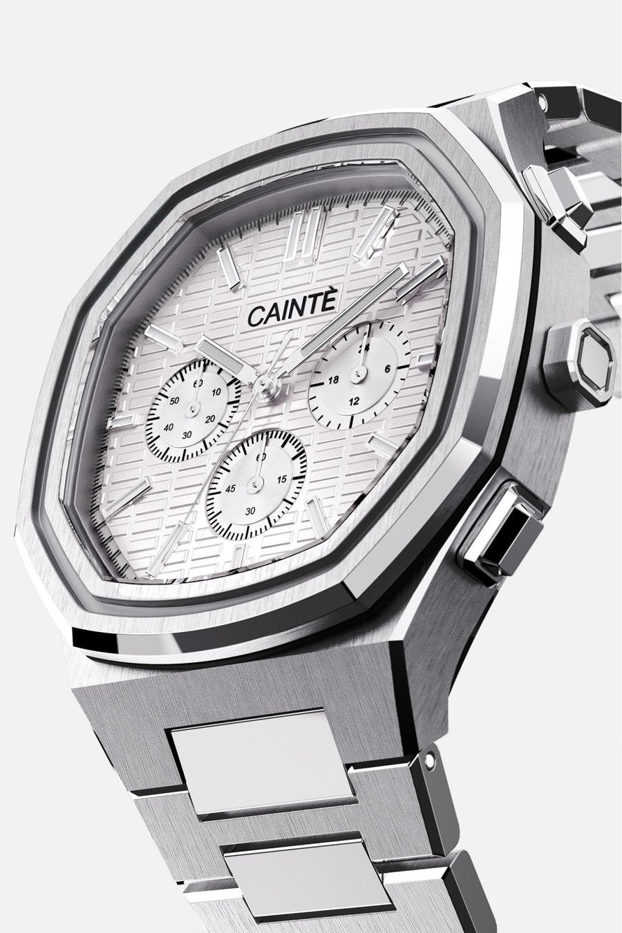 Three-quarter view of the octagonal case and all-white chronograph dial