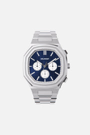 Front view of the octagonal watch with blue chronograph dial on its integrated bracelet