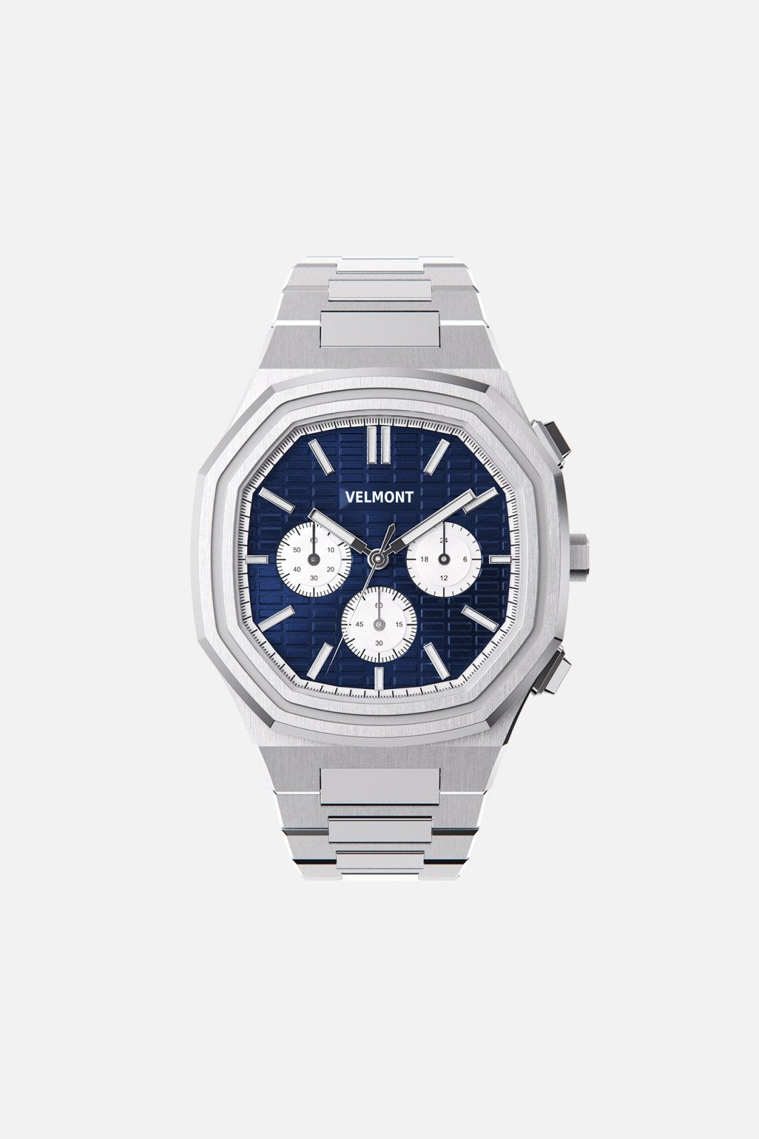 Front view of the octagonal watch with blue chronograph dial on its integrated bracelet