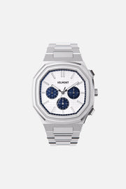 Front view of the octagonal watch with white chronograph dial on its integrated bracelet