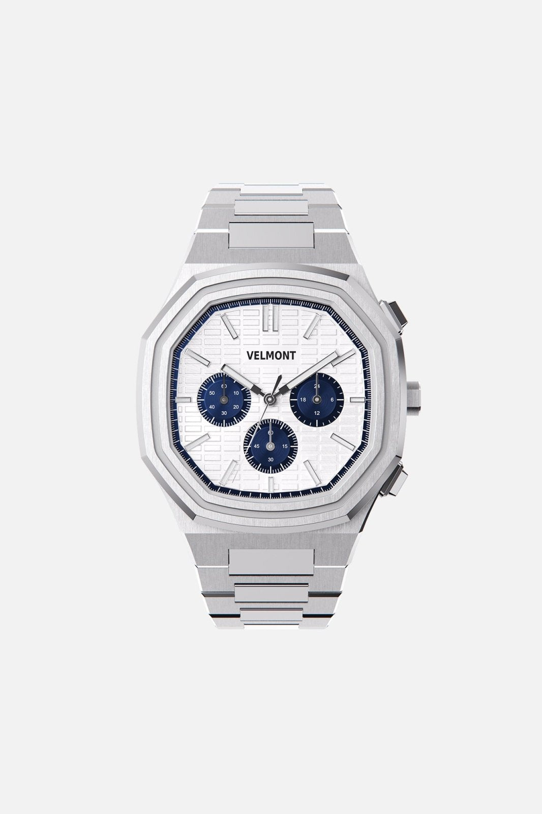 Front view of the octagonal watch with white chronograph dial on its integrated bracelet