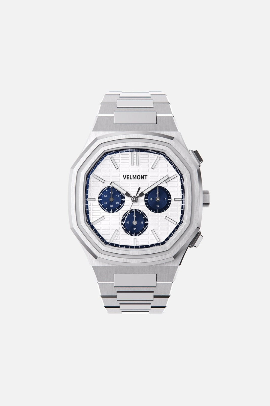 Front view of the octagonal watch with white chronograph dial on its integrated bracelet