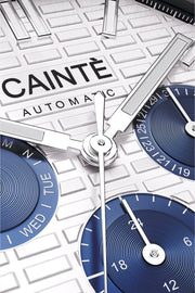 Macro view of the white day-date dial and polished hands