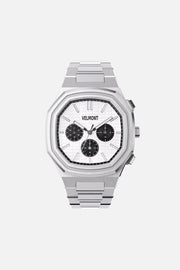 Front view of the octagonal watch with white chronograph dial on its integrated bracelet