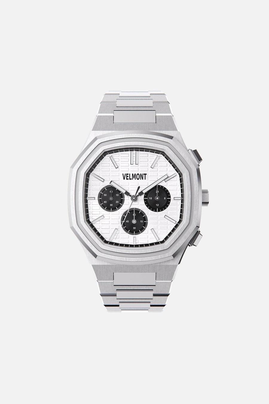 Front view of the octagonal watch with white chronograph dial on its integrated bracelet